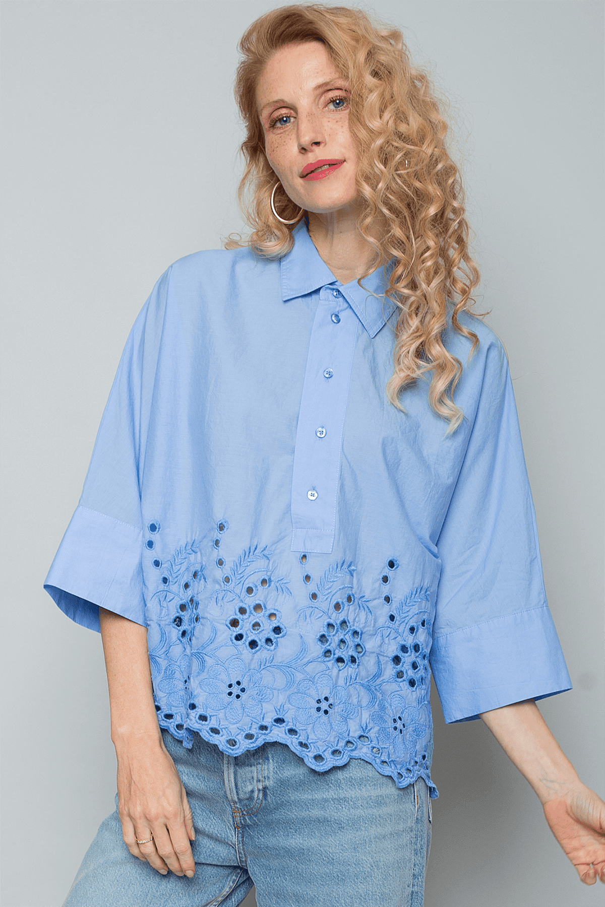 Bluse mit breiter Poloblende blue Bluse Emily van den Bergh