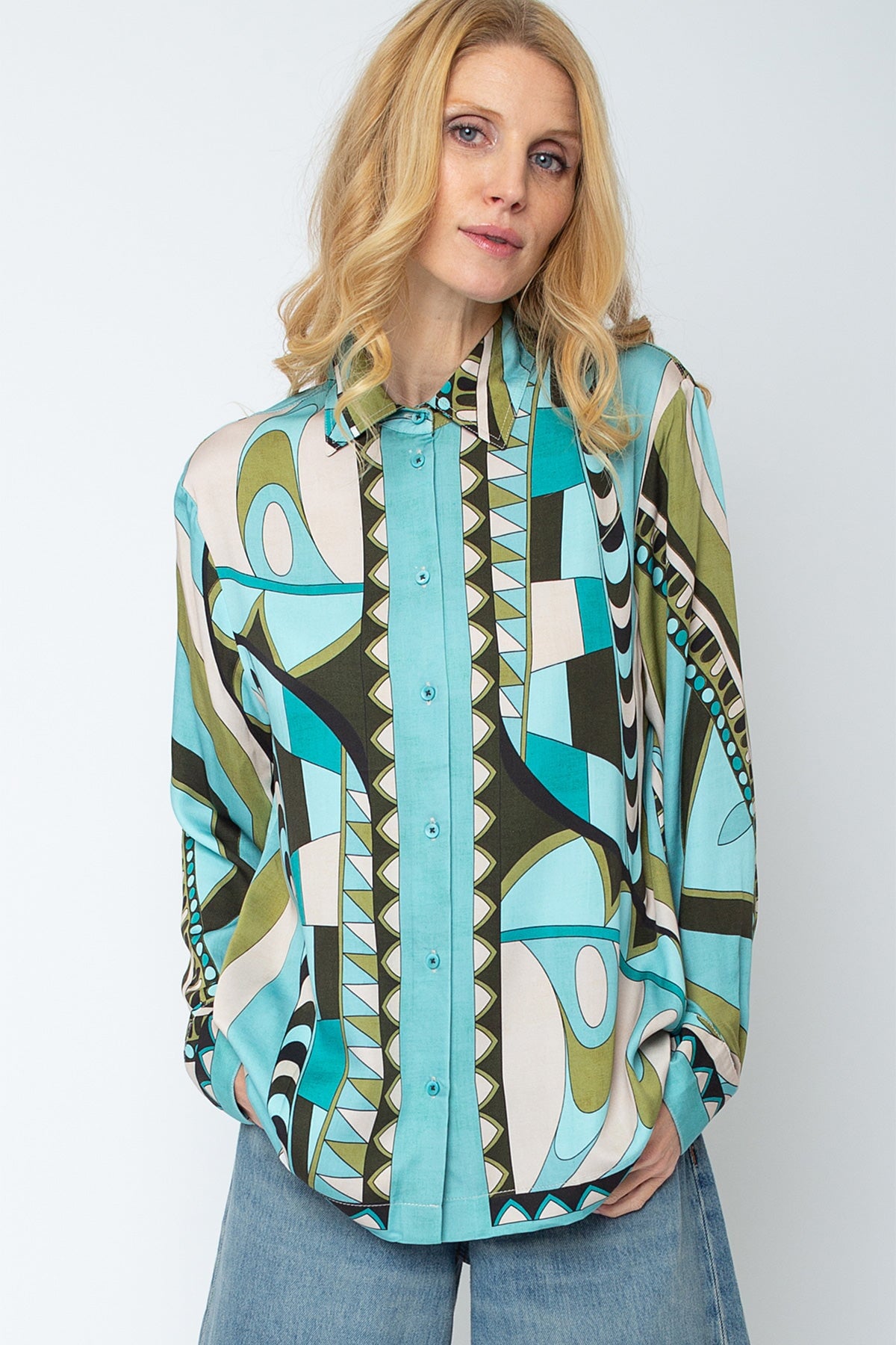 Bluse mit geometrik Muster cypress aqua Bluse Emily van den Bergh