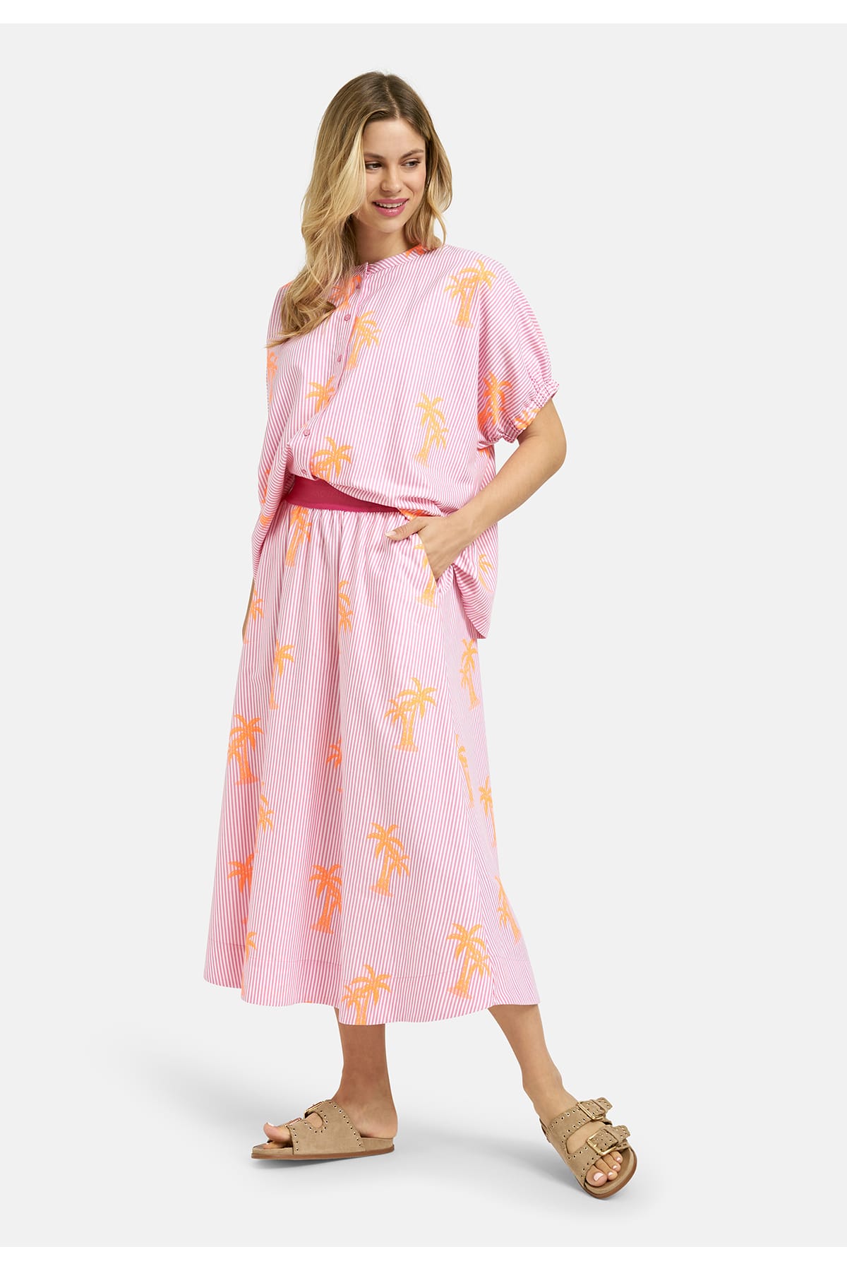 Bluse oversized blouse w neckpanel, placket + elastic cuffs pink print Bluse Milano