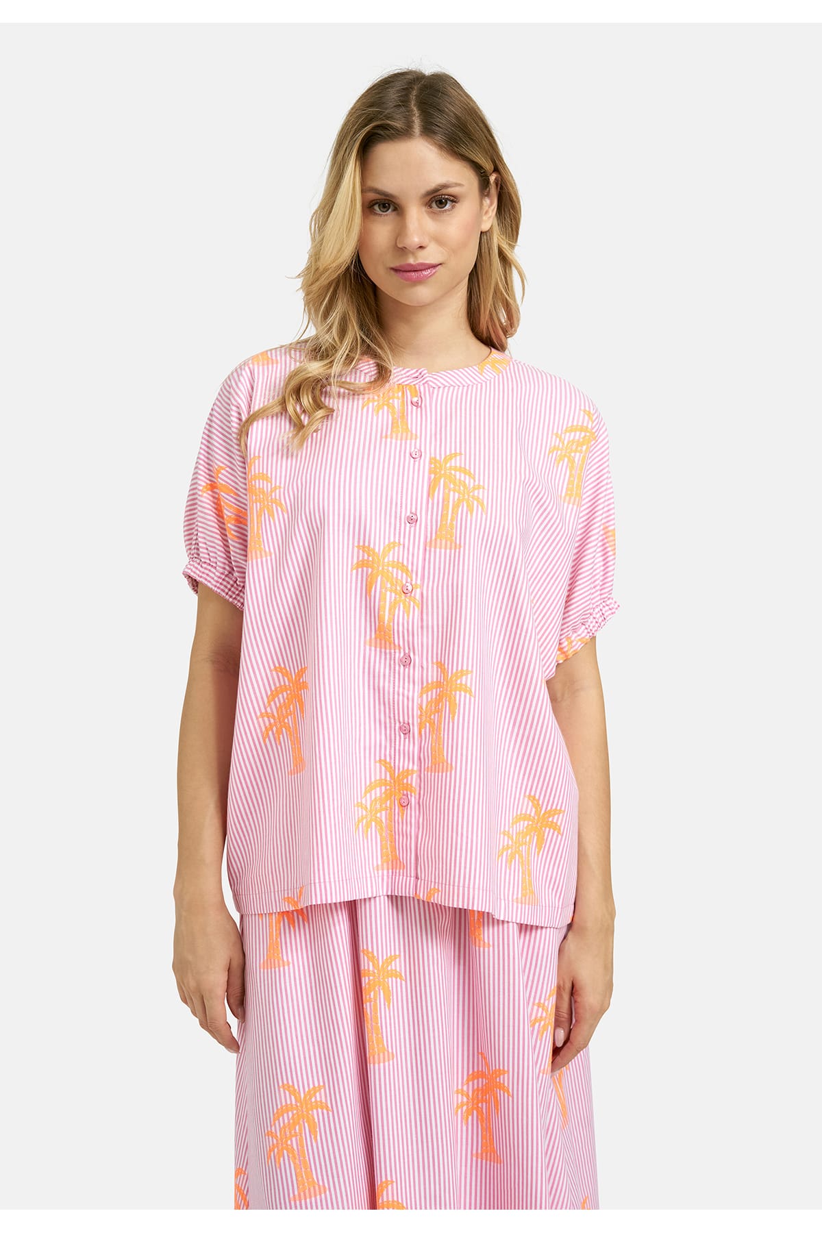 Bluse oversized blouse w neckpanel, placket + elastic cuffs pink print Bluse Milano