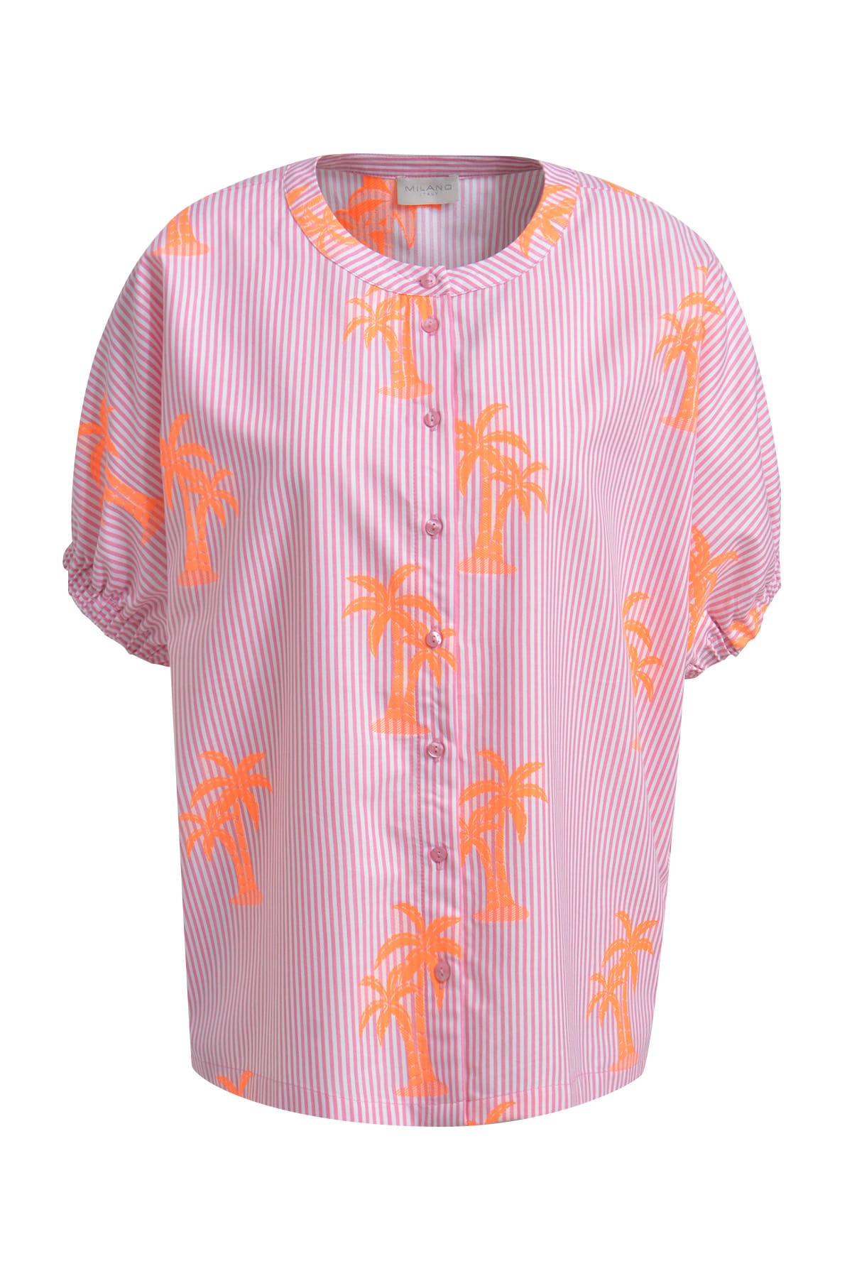 Bluse oversized blouse w neckpanel, placket + elastic cuffs pink print Bluse Milano