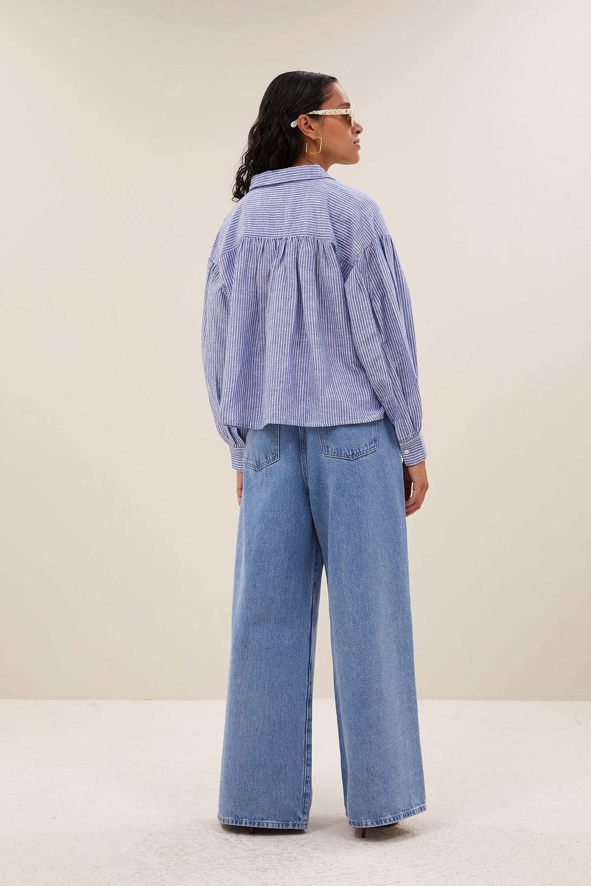 Bluse sarah short linen blue stripe Bluse By Bar