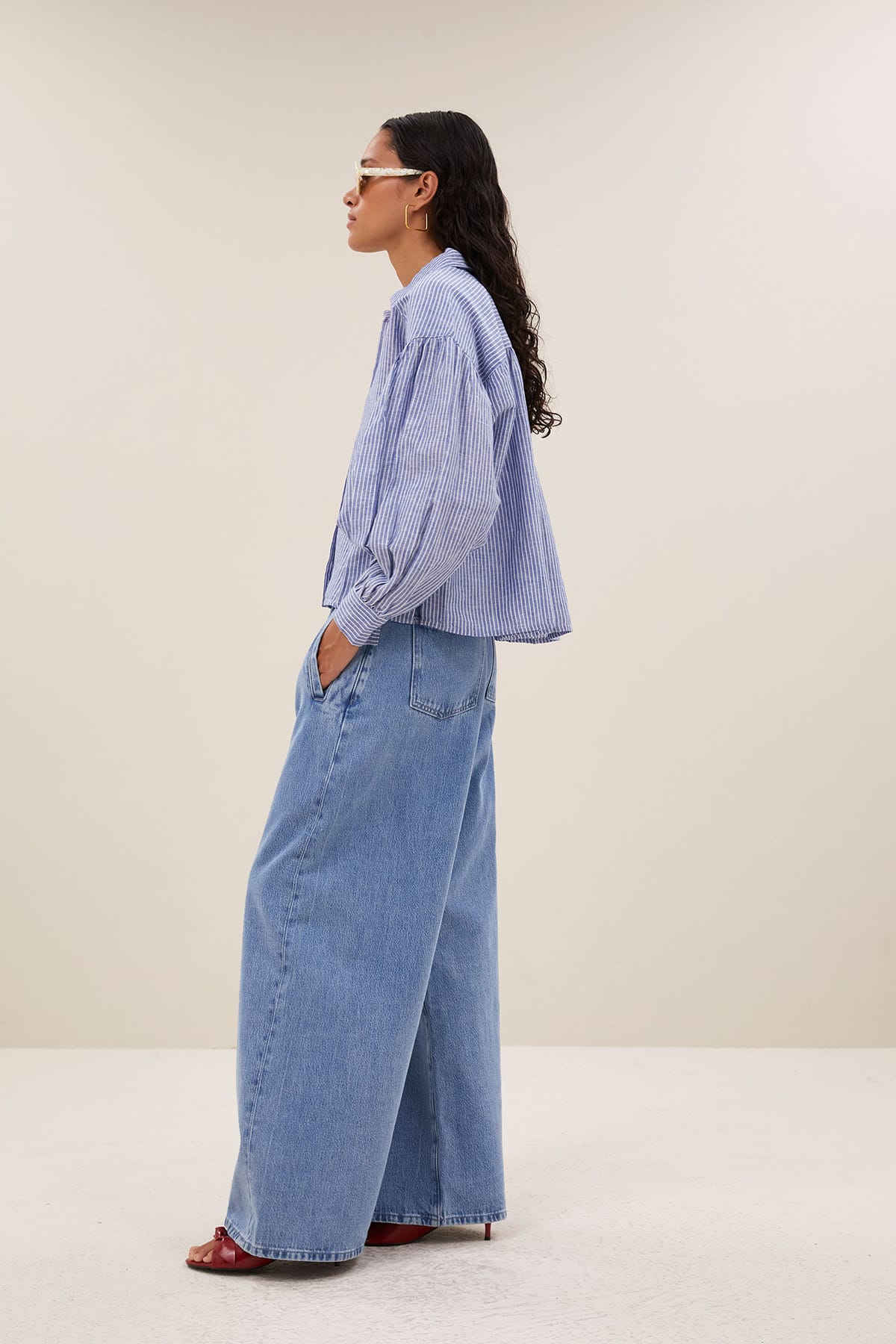 Bluse sarah short linen blue stripe Bluse By Bar