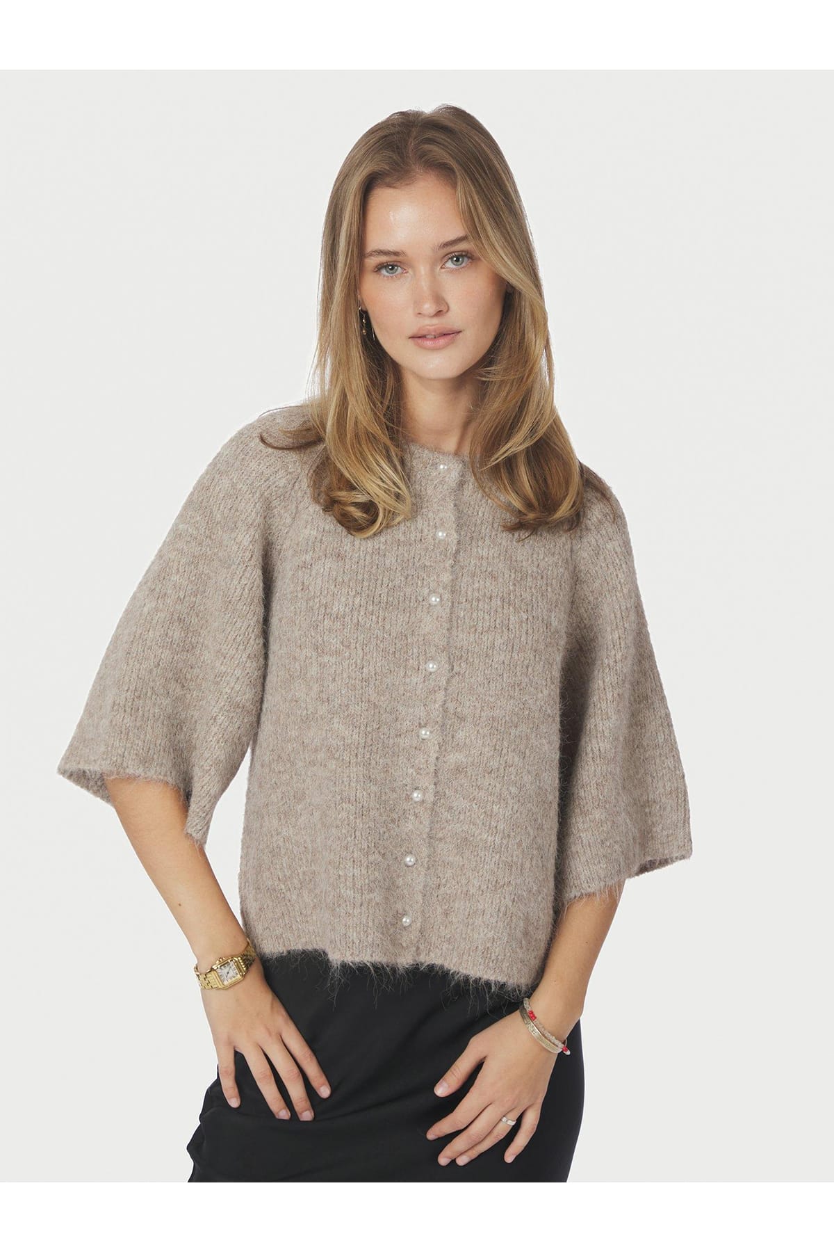 Cardigan Amaya Fluffy Knit Cardigan Beige Melange Cardigan Neo Noir