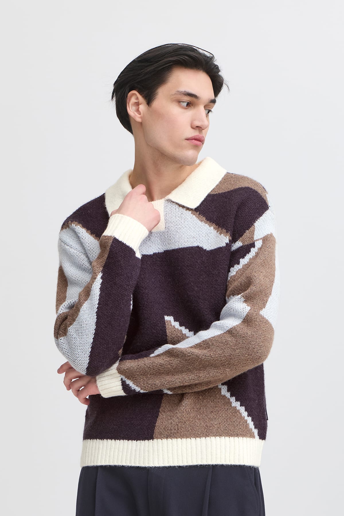 Pullover CFBIRK geometric knit with polo collar Roasted Cashew Pullover Casual Friday