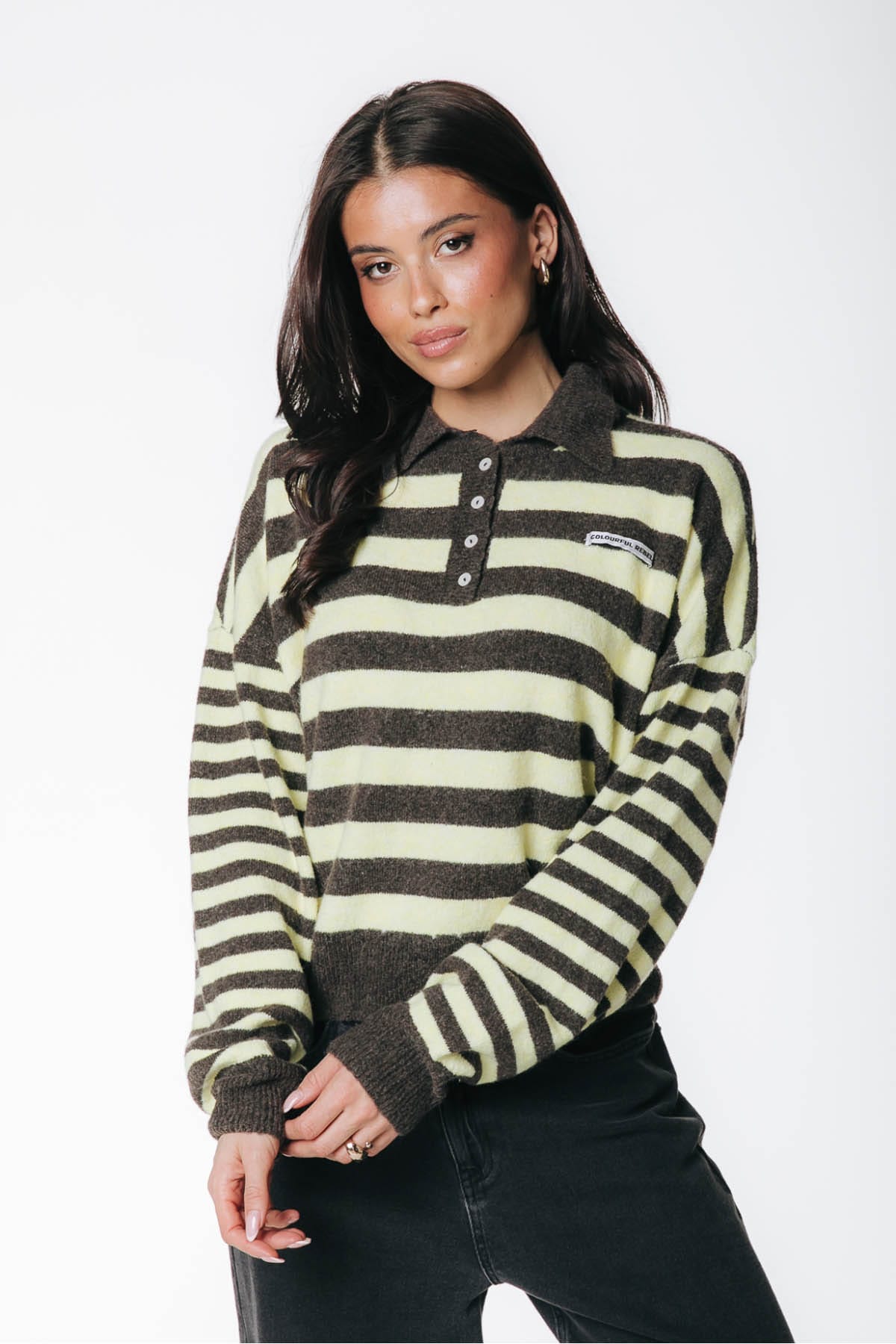 Pullover Linsey Striped Fluffy Knitted Brown / Yellow Pullover Colourful Rebel