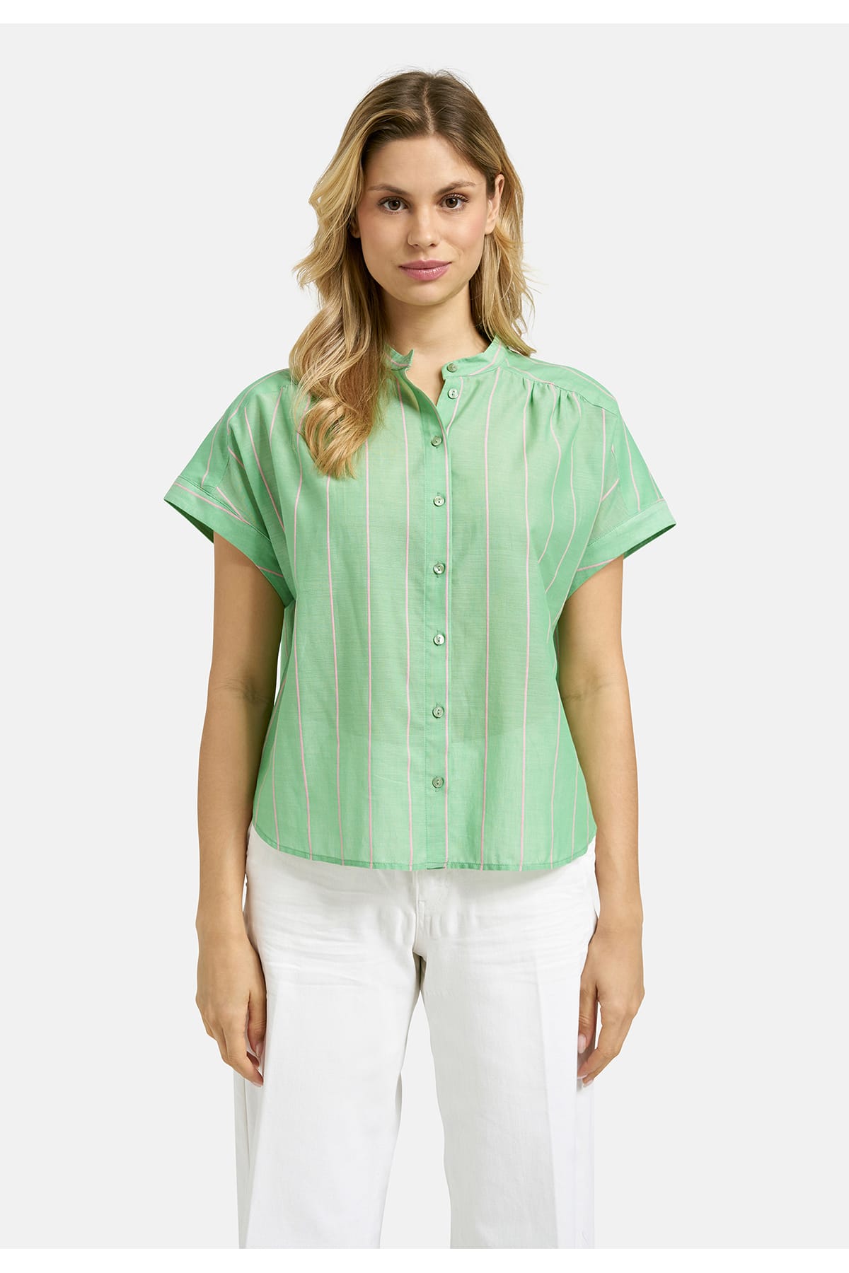 Bluse sleeveless w neckpanel, gathered shoulderseam mint print Bluse Milano 