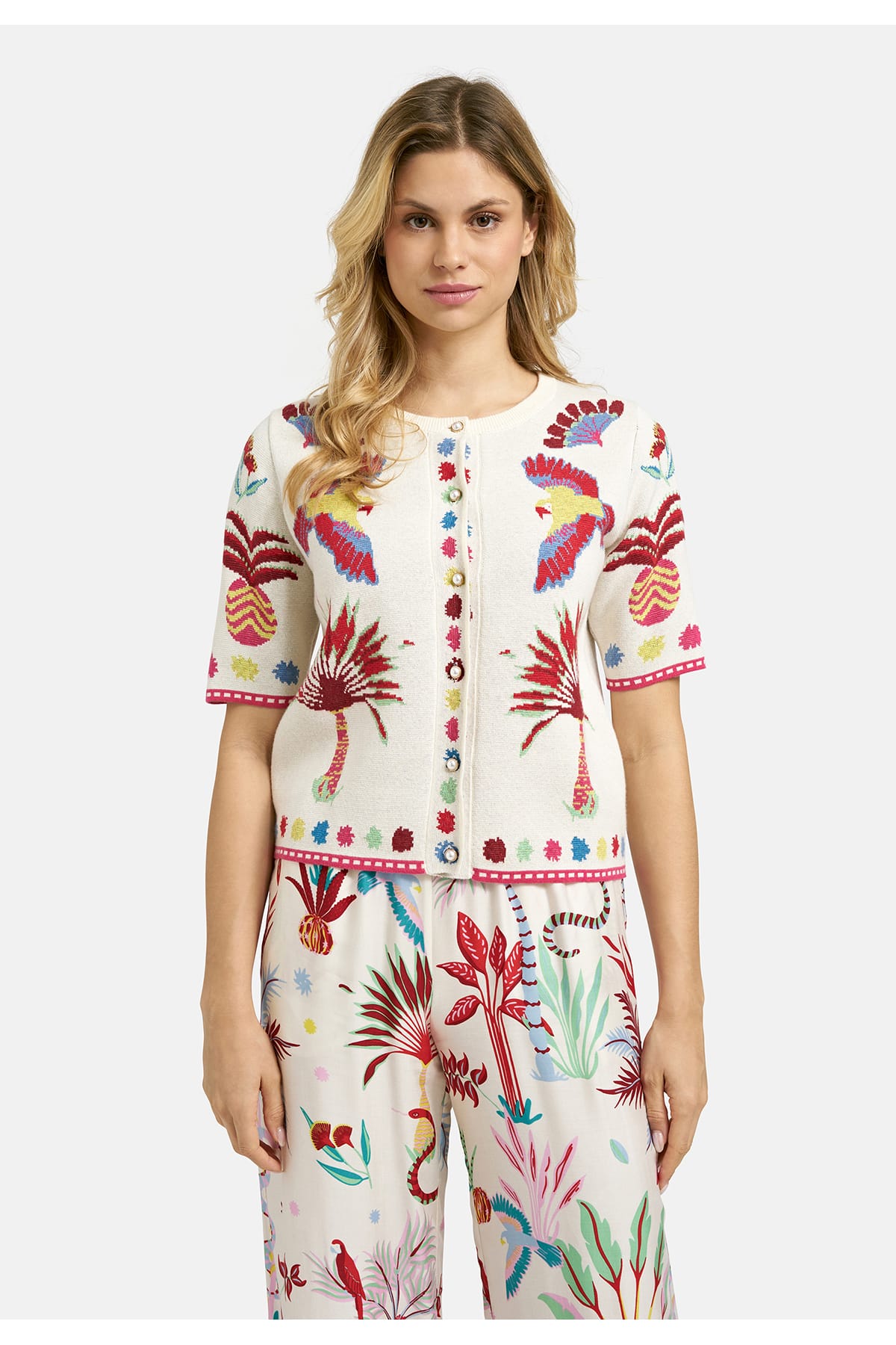 Cardigan roundneck w placket + 1/2 sleeve sand print Cardigan Milano 