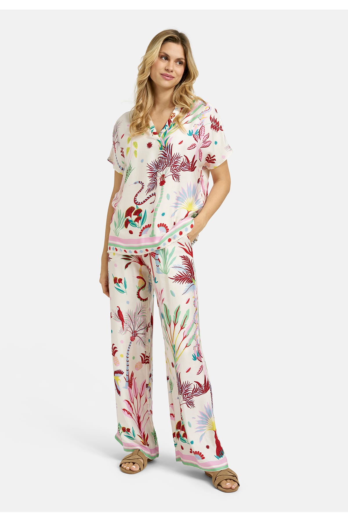Hose wideleg pants, elastic waist, french pockets sand print Hose Milano 