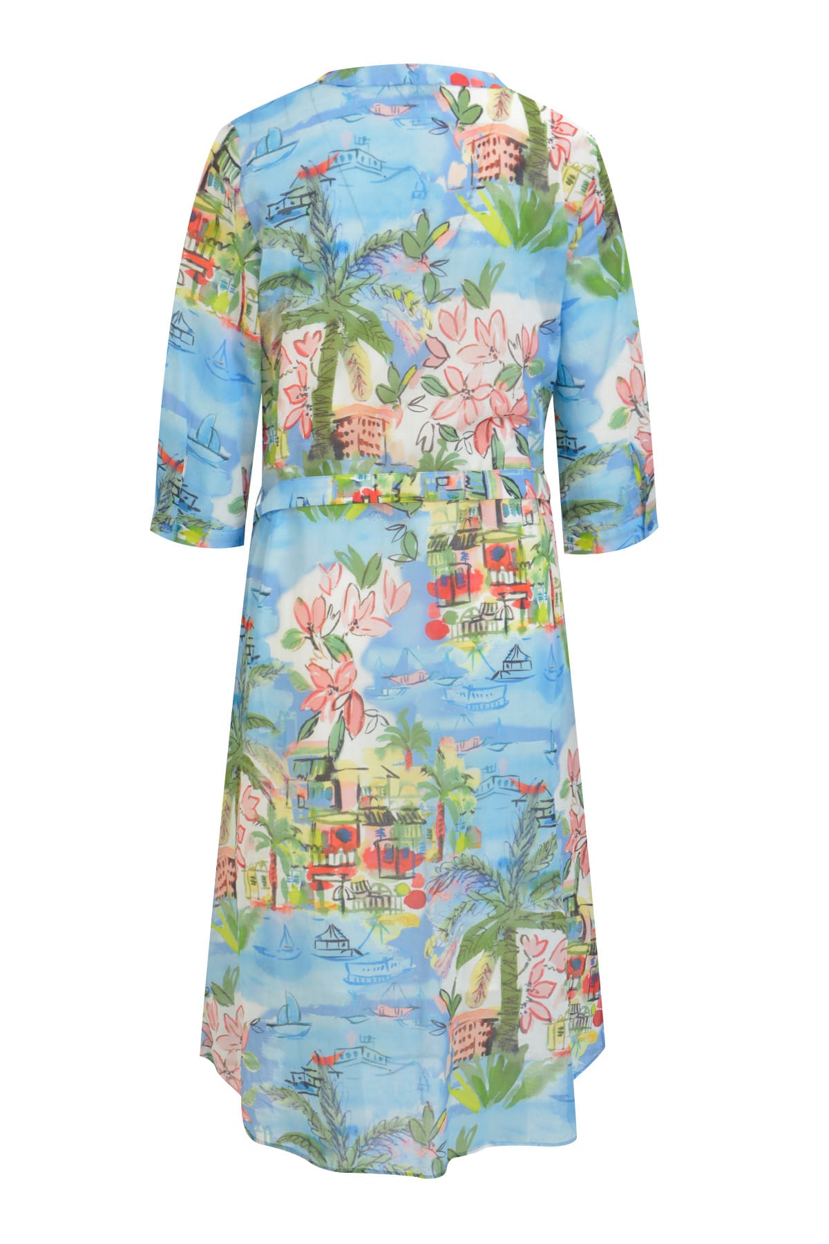 Kleid belted roundneck 3/4 sleeve ocean print Kleid Milano 