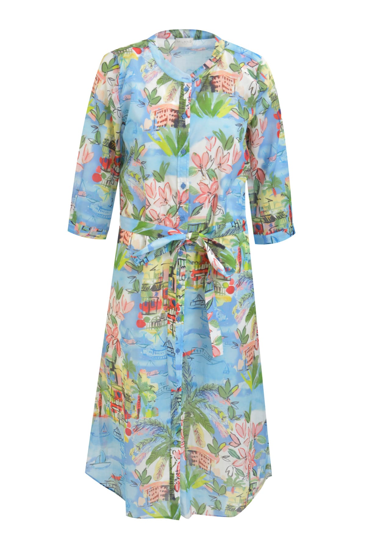 Kleid belted roundneck 3/4 sleeve ocean print Kleid Milano 