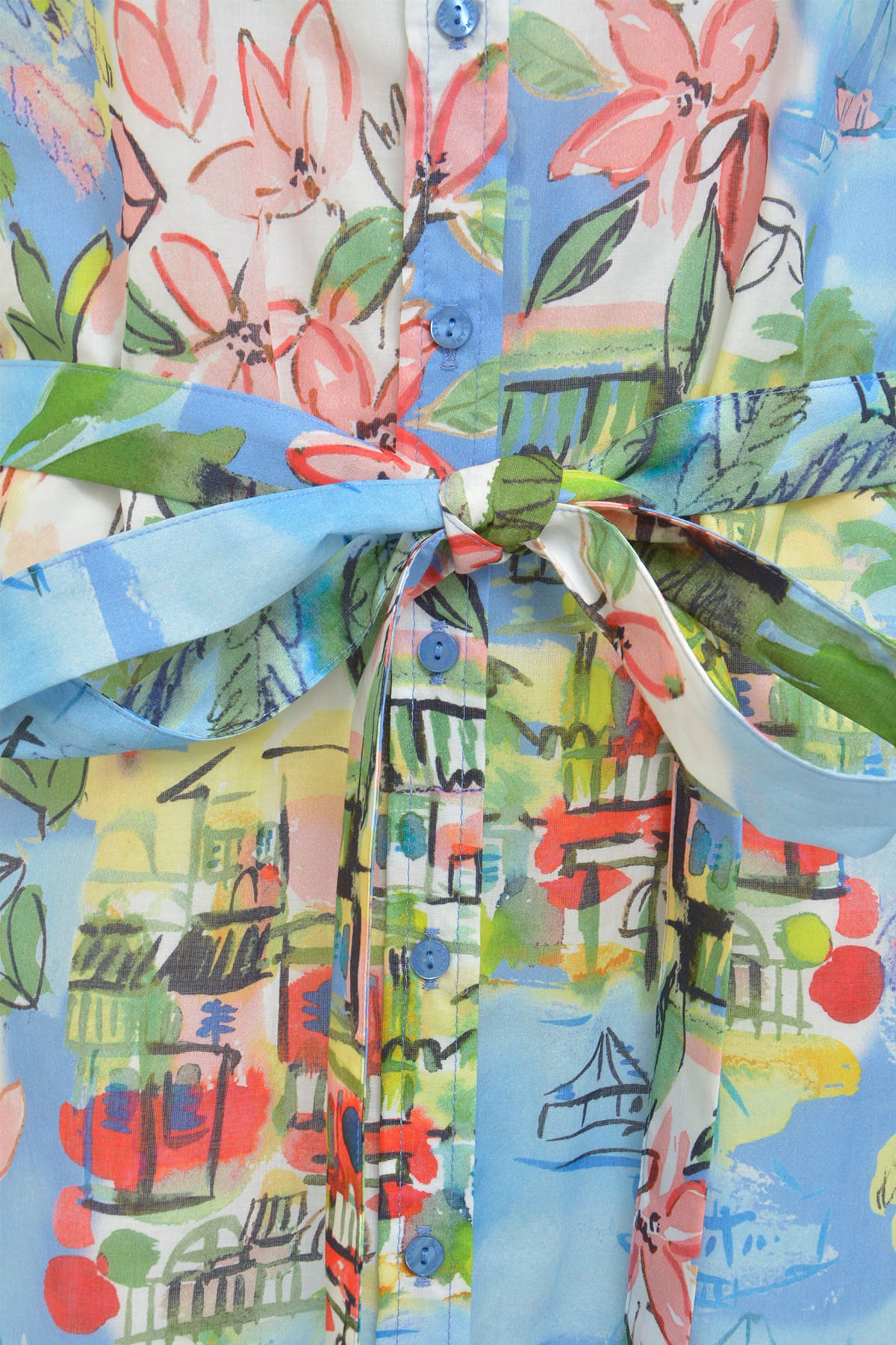 Kleid belted roundneck 3/4 sleeve ocean print Kleid Milano 