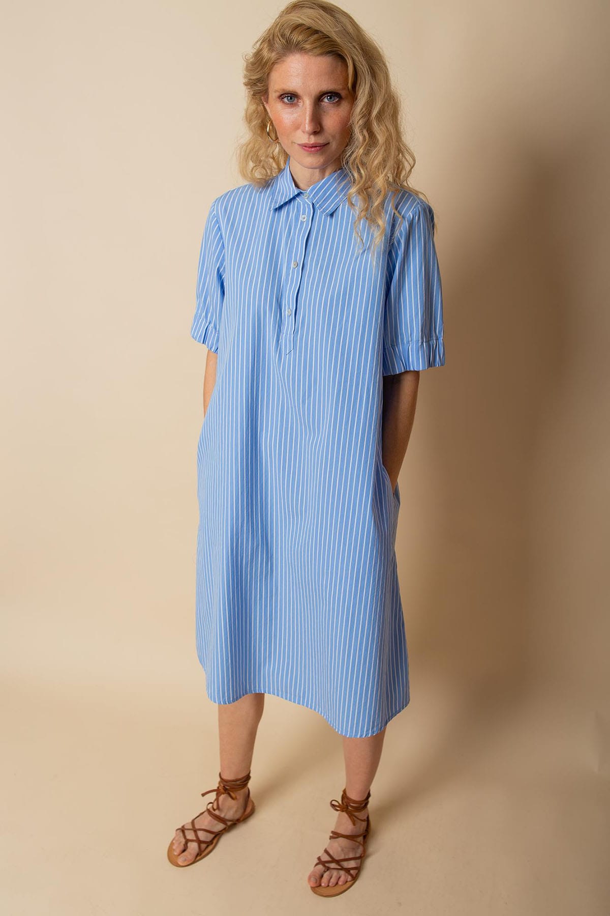 Kleid Hemdblusenkragen und halber Knopfleiste bleu stripe Kleid Emily van den Bergh 