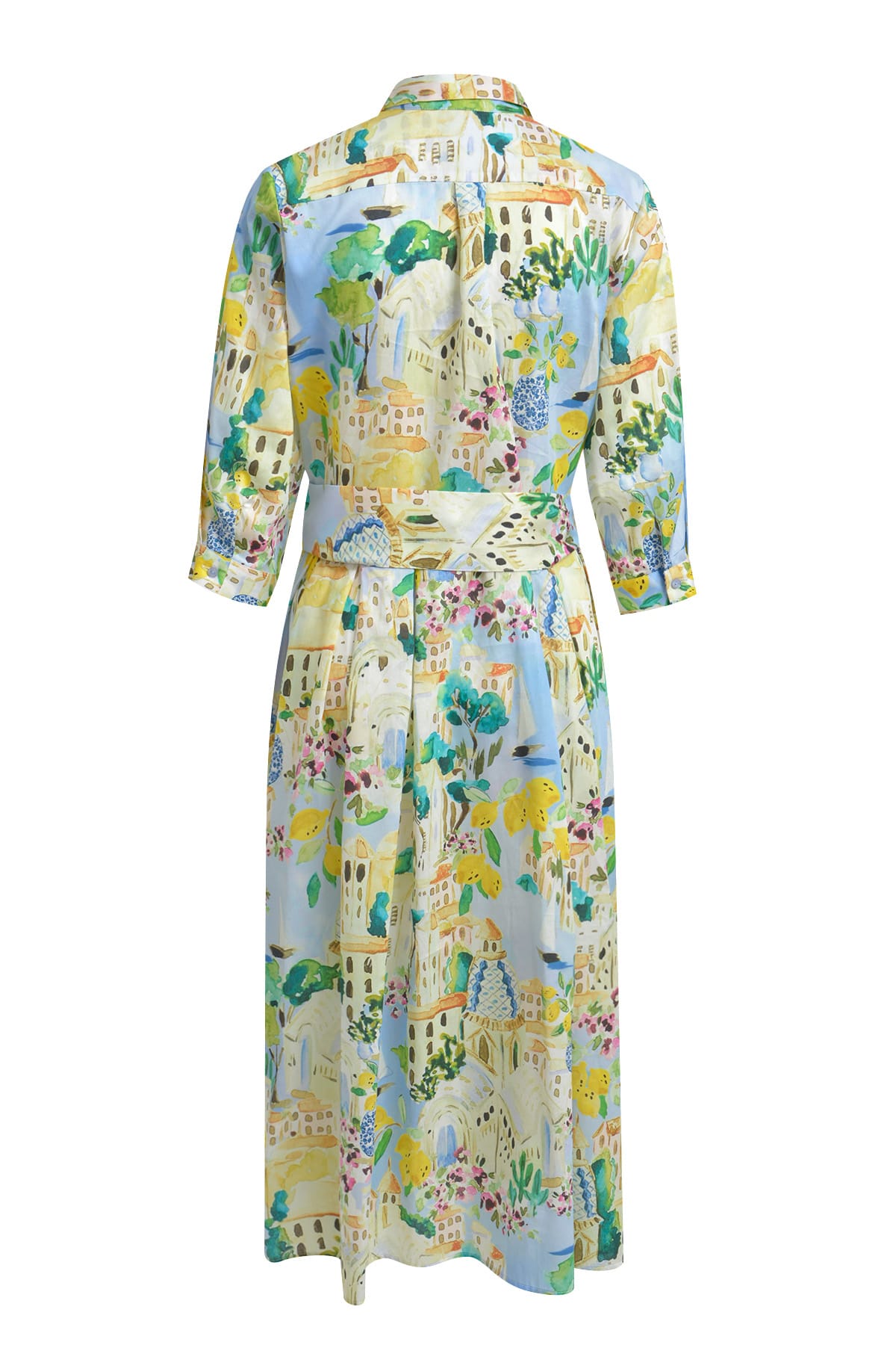 Kleid shirt blouse dress w/ wide midi skirt 3/4 sleeve light blue print Kleid Milano 