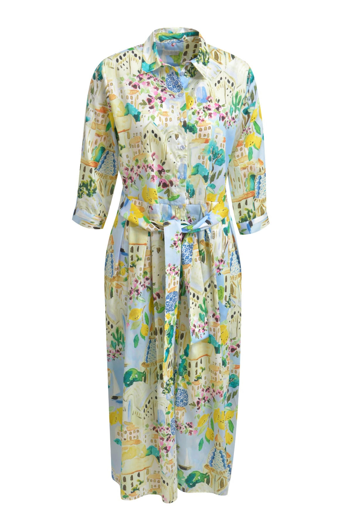 Kleid shirt blouse dress w/ wide midi skirt 3/4 sleeve light blue print Kleid Milano 