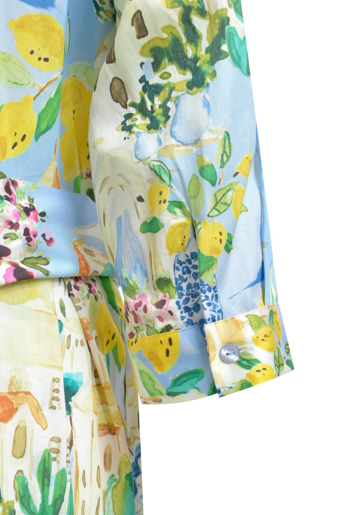 Kleid shirt blouse dress w/ wide midi skirt 3/4 sleeve light blue print Kleid Milano 