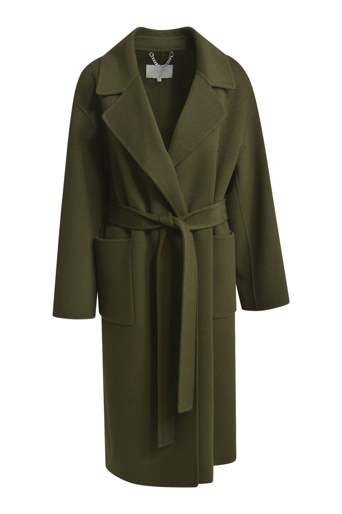 Mantel w collar and lapel, 1/1 sleeves, patched pockets and belt khaki Mantel Milano 