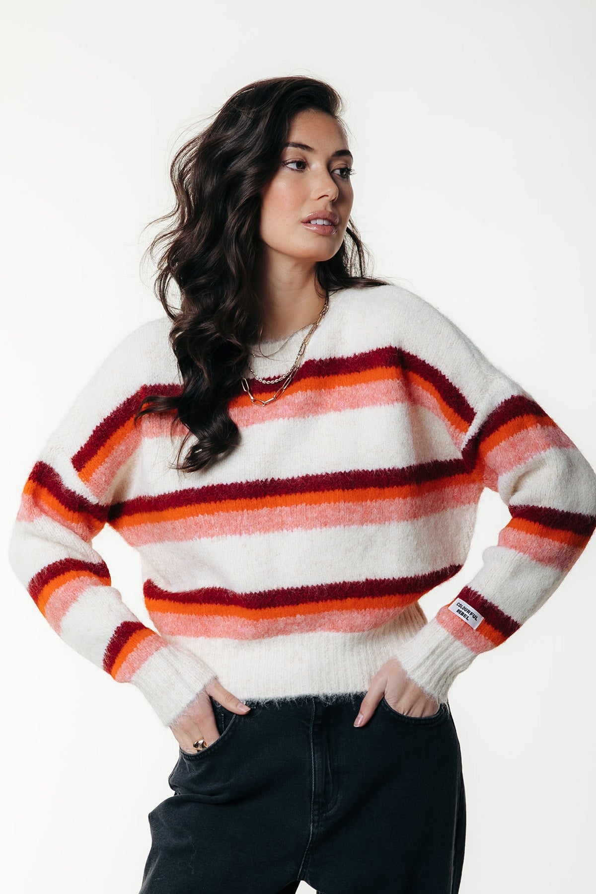 Pullover Olivia Multi Stripe Crewneck Knitted Sweater Multicolor Pullover Colourful Rebel 