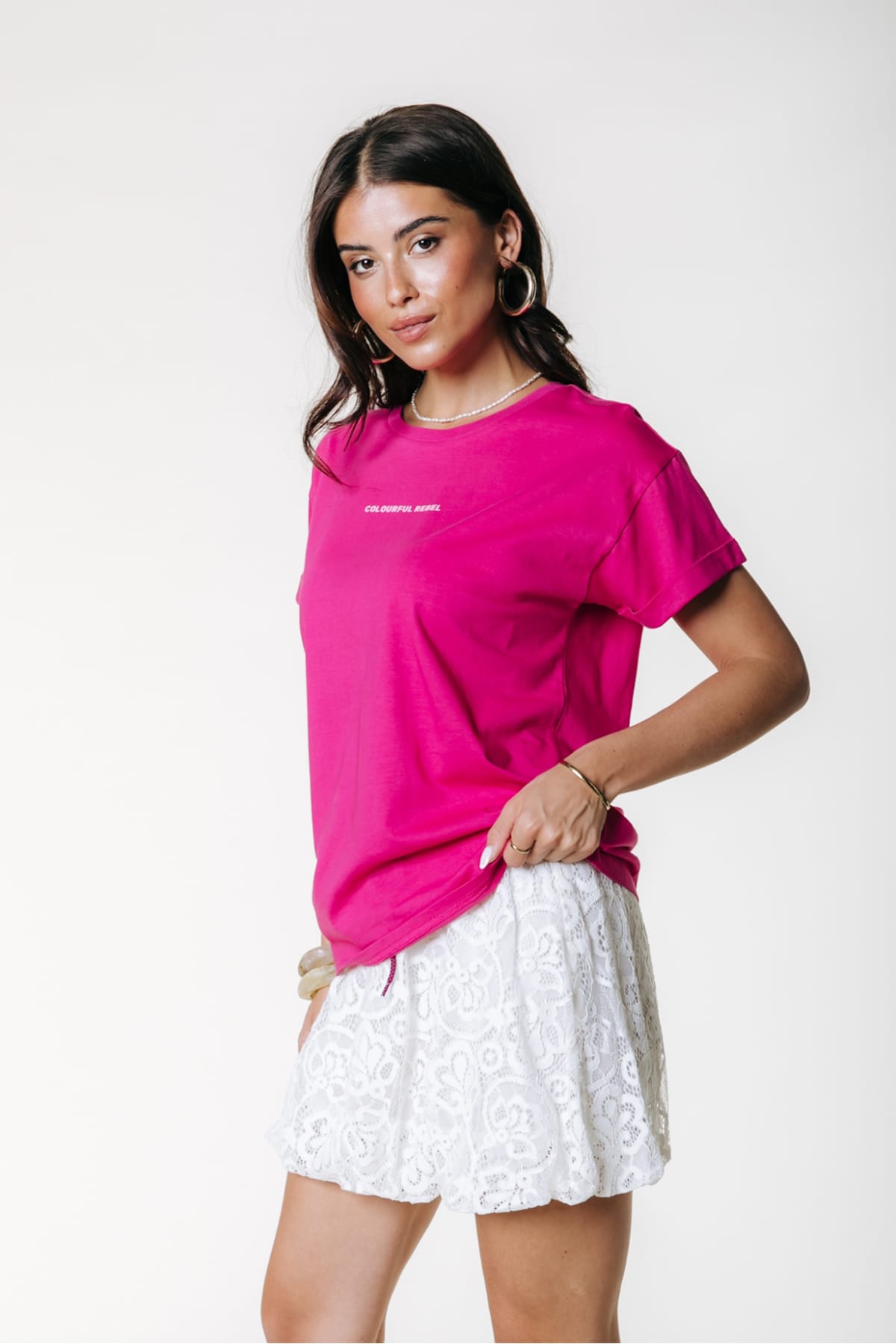T-Shirt Uni Logo Boxy Dark fuchsia T-Shirt Colourful Rebel 